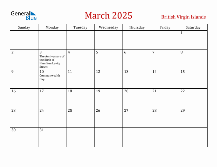 British Virgin Islands March 2025 Calendar - Sunday Start