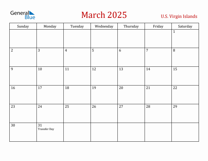 U.S. Virgin Islands March 2025 Calendar - Sunday Start