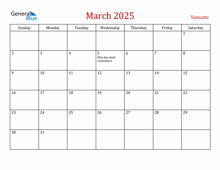 Vanuatu March 2025 Calendar - Sunday Start