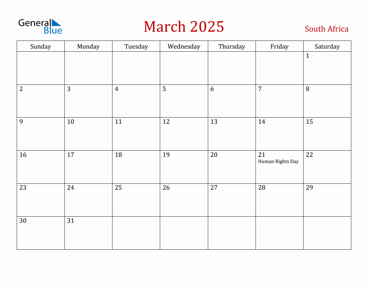 March 2025 South Africa Monthly Calendar with Holidays
