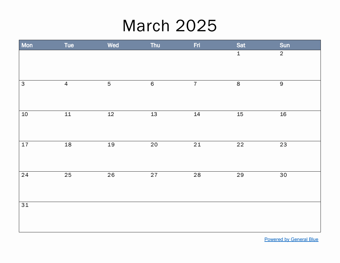 Monthly Calendar Template for March 2025 - Monday Start