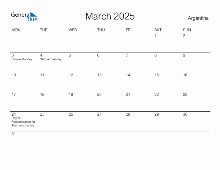 Printable March 2025 Calendar for Argentina