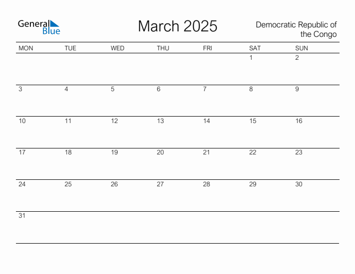 Printable March 2025 Calendar for Democratic Republic of the Congo