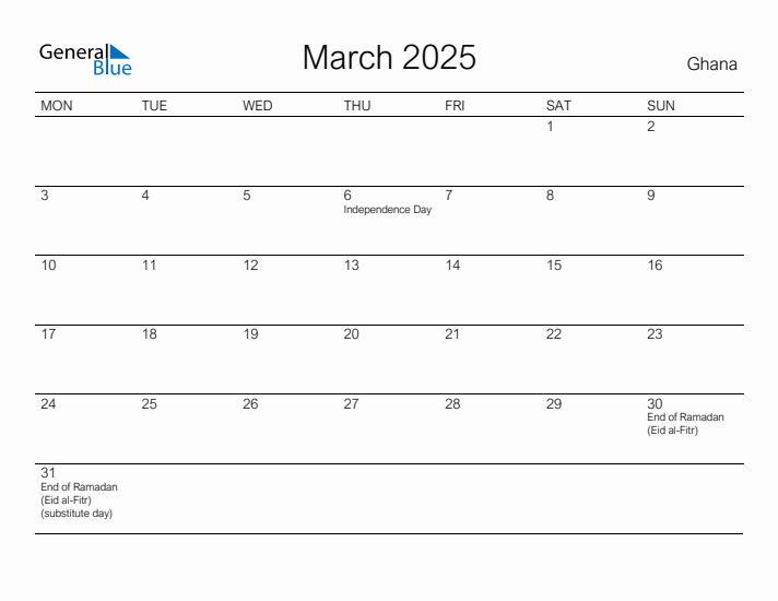 Printable March 2025 Calendar for Ghana