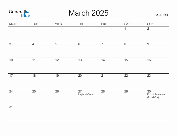 Printable March 2025 Calendar for Guinea