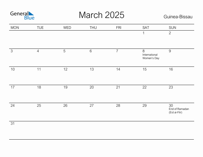 Printable March 2025 Calendar for Guinea-Bissau