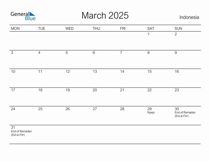 Printable March 2025 Calendar for Indonesia