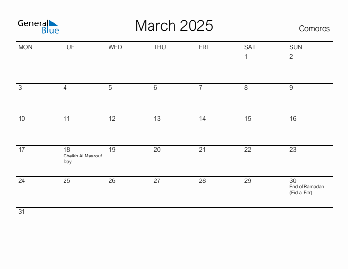 Printable March 2025 Calendar for Comoros