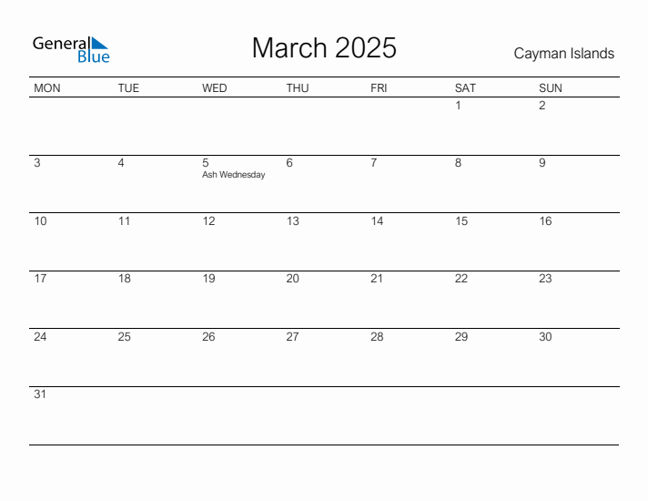 Printable March 2025 Calendar for Cayman Islands