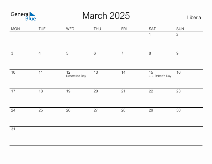Printable March 2025 Calendar for Liberia