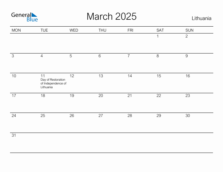 Printable March 2025 Calendar for Lithuania