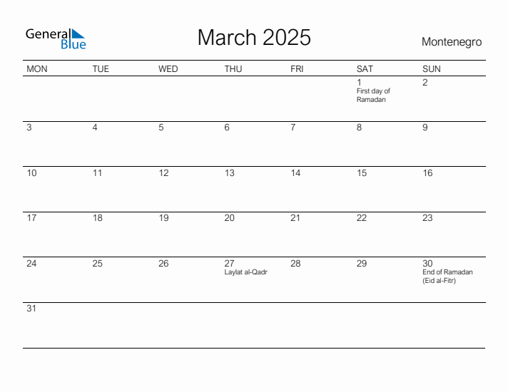 Printable March 2025 Calendar for Montenegro