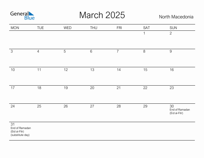 Printable March 2025 Calendar for North Macedonia