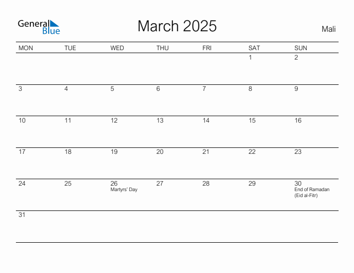 Printable March 2025 Calendar for Mali