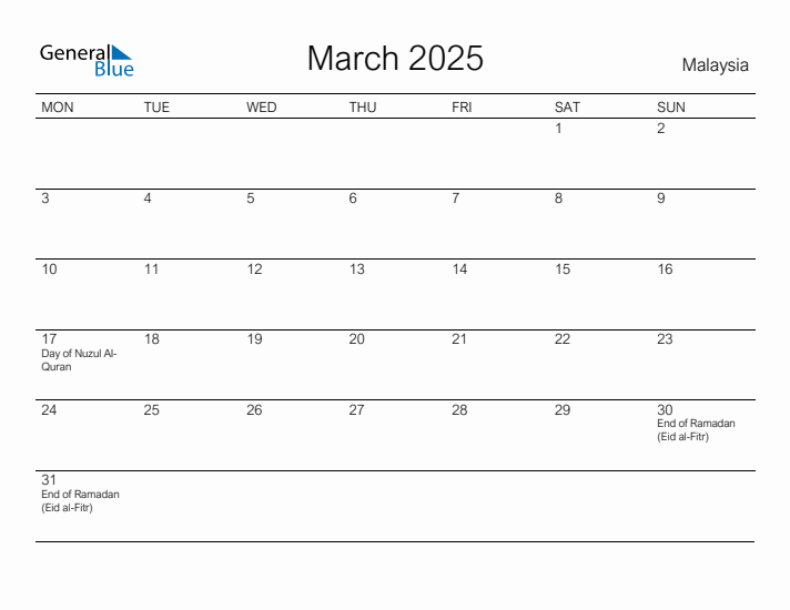 Printable March 2025 Calendar for Malaysia