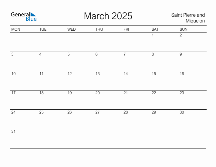 Printable March 2025 Calendar for Saint Pierre and Miquelon