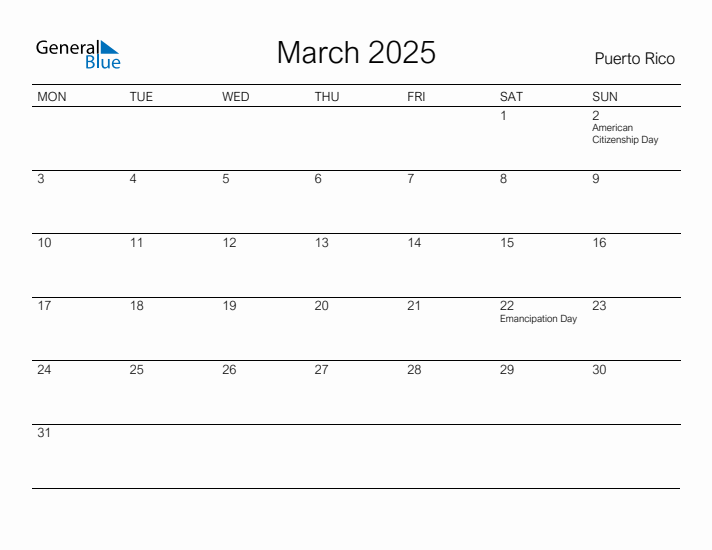 Printable March 2025 Calendar for Puerto Rico