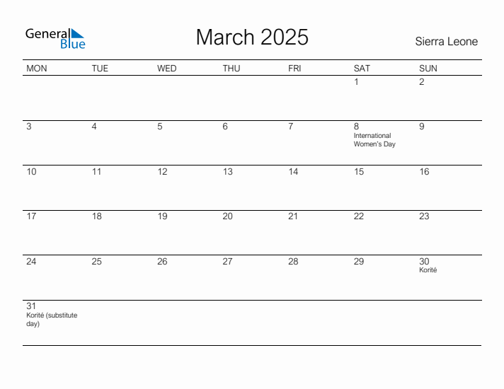 Printable March 2025 Calendar for Sierra Leone