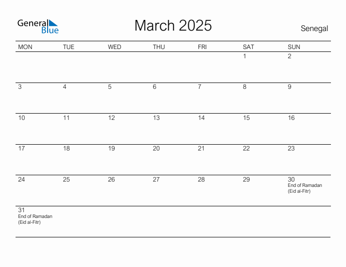 Printable March 2025 Calendar for Senegal