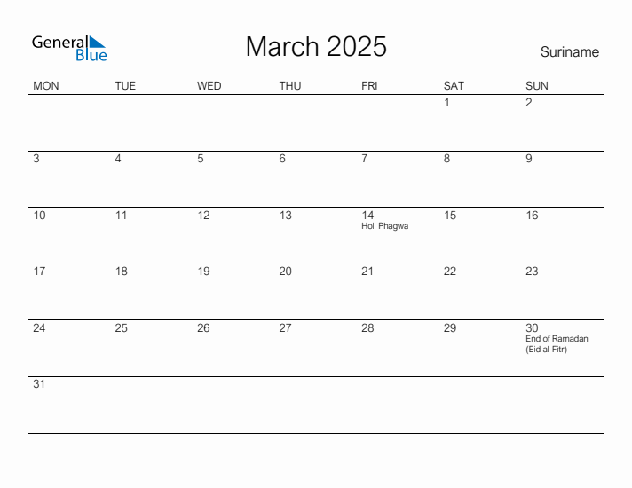Printable March 2025 Calendar for Suriname