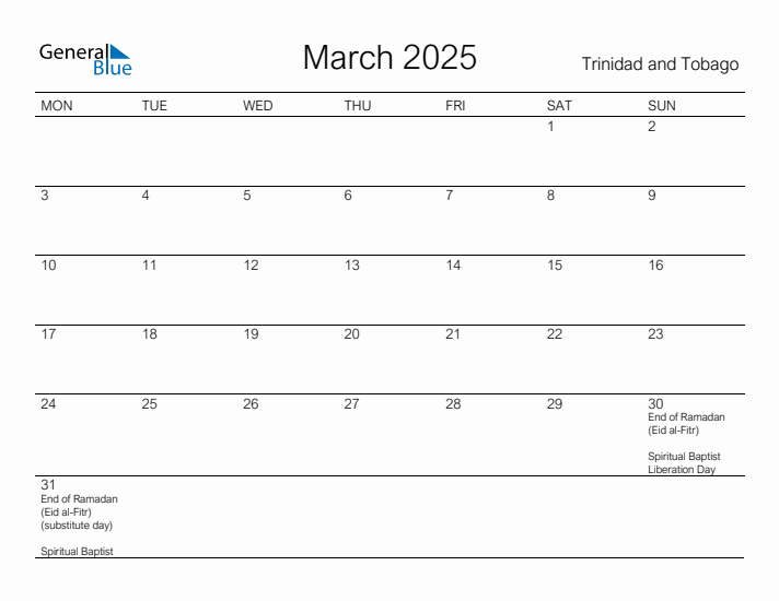 Printable March 2025 Calendar for Trinidad and Tobago