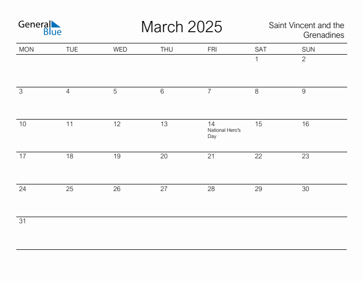 Printable March 2025 Calendar for Saint Vincent and the Grenadines