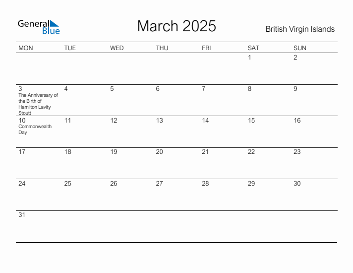 Printable March 2025 Calendar for British Virgin Islands