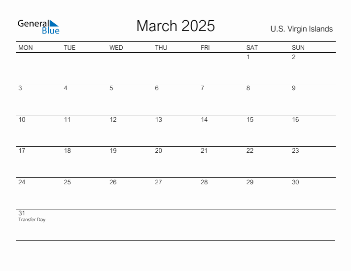 Printable March 2025 Calendar for U.S. Virgin Islands