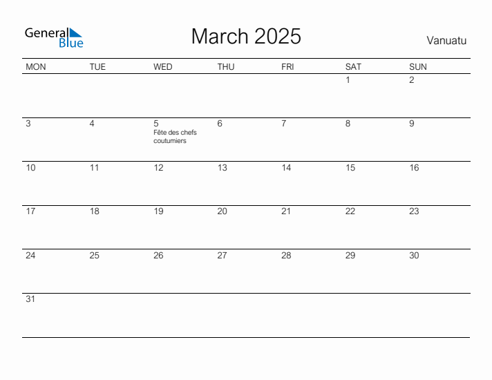 Printable March 2025 Calendar for Vanuatu