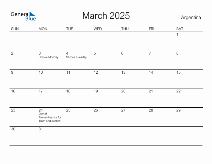 Printable March 2025 Calendar for Argentina