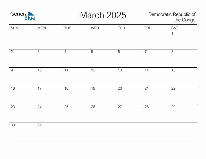 Printable March 2025 Calendar for Democratic Republic of the Congo