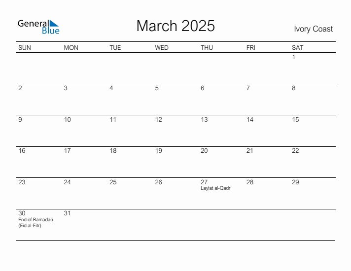 Printable March 2025 Calendar for Ivory Coast