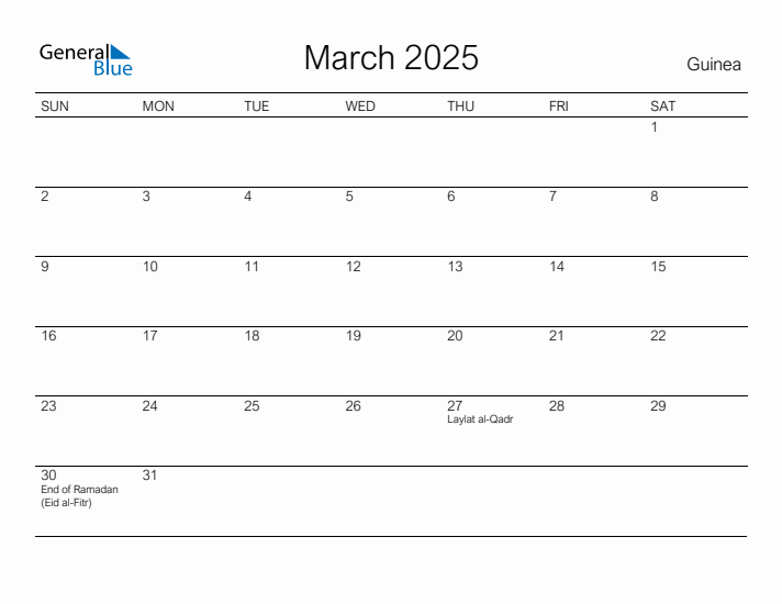 Printable March 2025 Calendar for Guinea