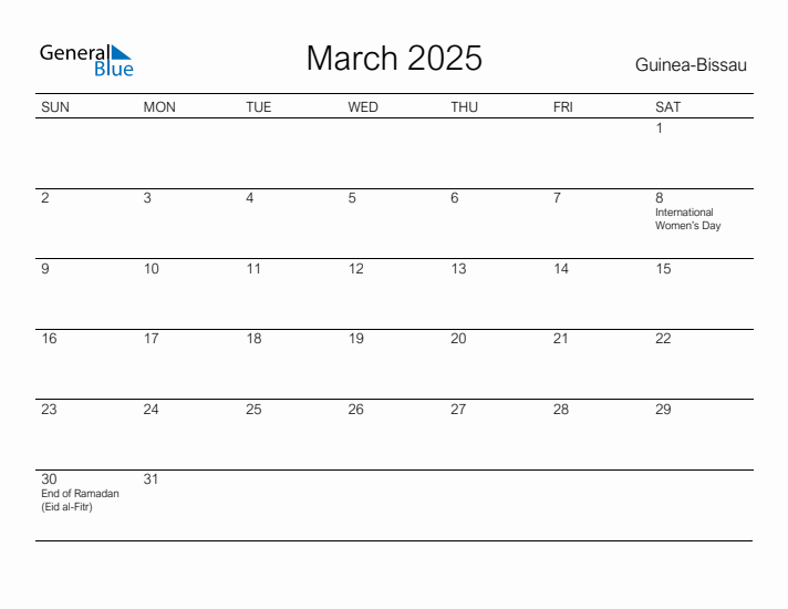 Printable March 2025 Calendar for Guinea-Bissau