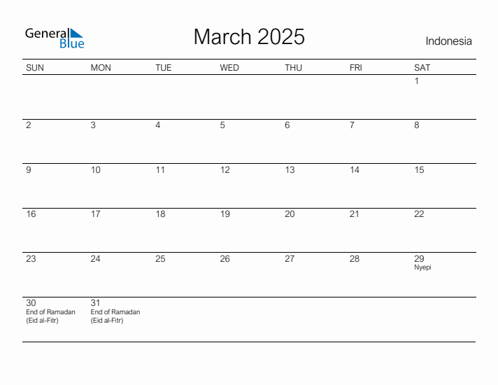 Printable March 2025 Calendar for Indonesia