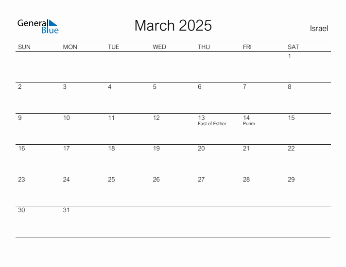 Printable March 2025 Calendar for Israel