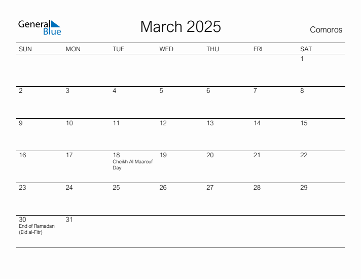 Printable March 2025 Calendar for Comoros