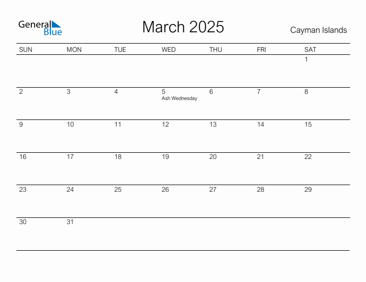Printable March 2025 Calendar for Cayman Islands