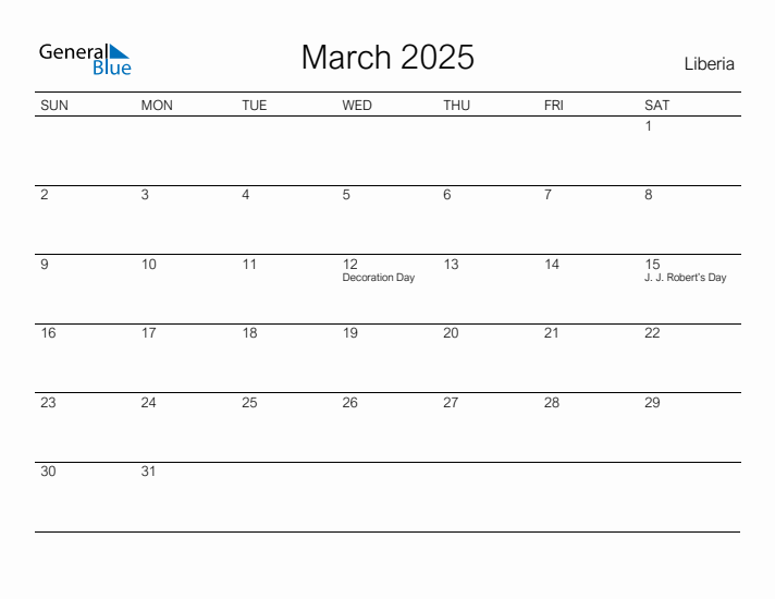 Printable March 2025 Calendar for Liberia