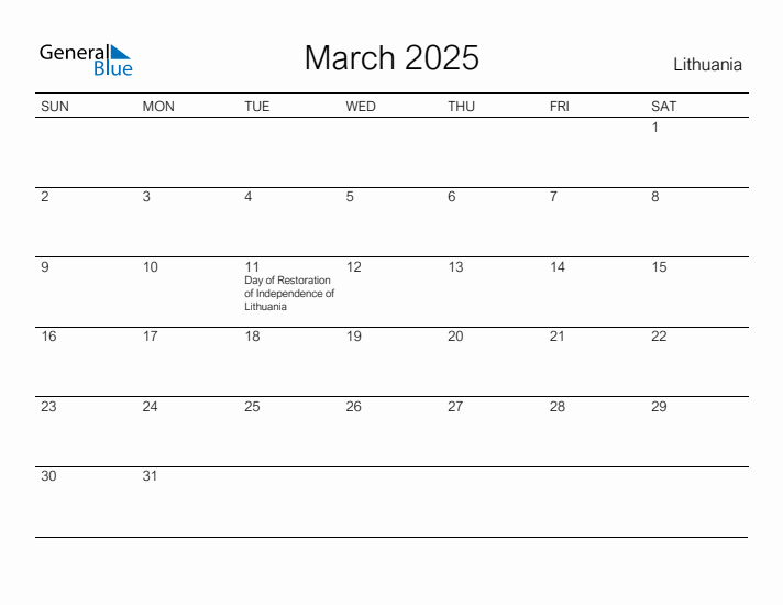 Printable March 2025 Calendar for Lithuania