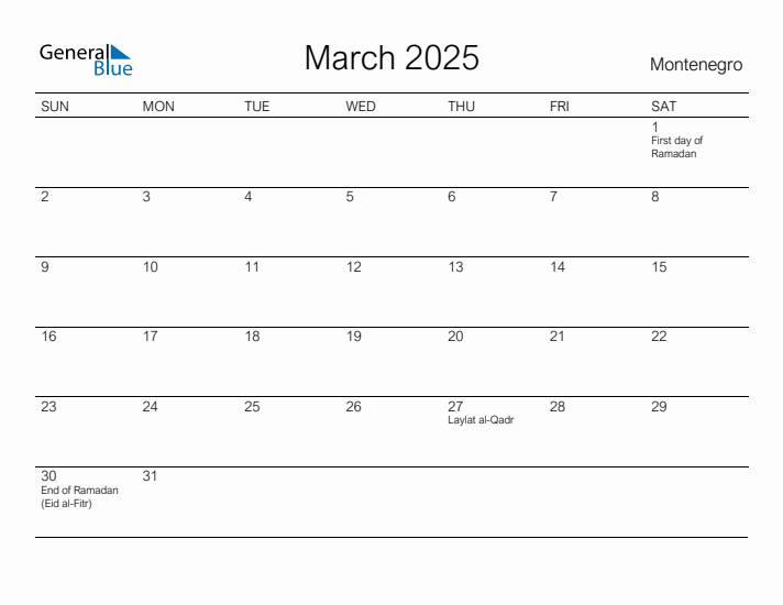 Printable March 2025 Calendar for Montenegro