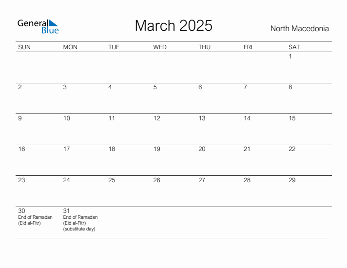 Printable March 2025 Calendar for North Macedonia