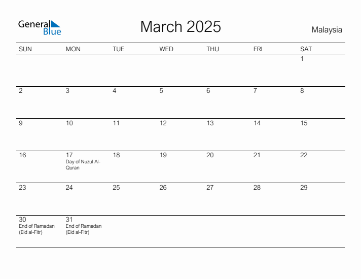 Printable March 2025 Calendar for Malaysia