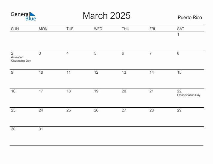 Printable March 2025 Calendar for Puerto Rico