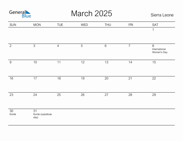 Printable March 2025 Calendar for Sierra Leone