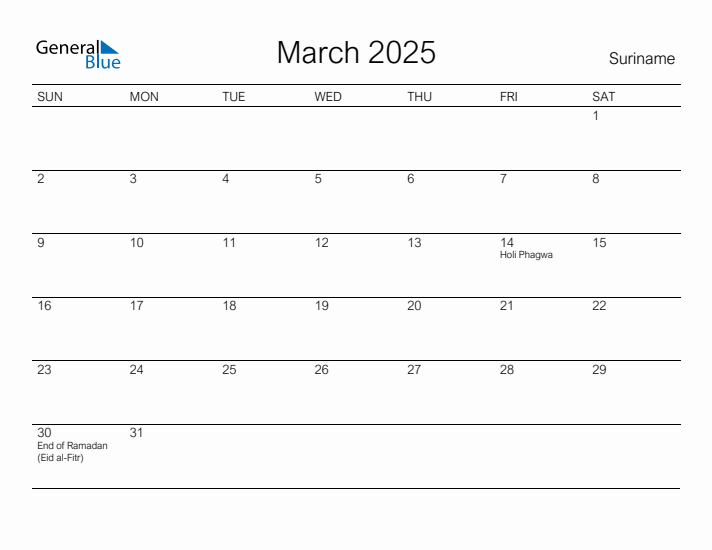 Printable March 2025 Calendar for Suriname