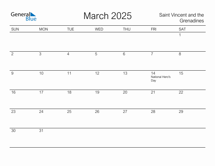 Printable March 2025 Calendar for Saint Vincent and the Grenadines