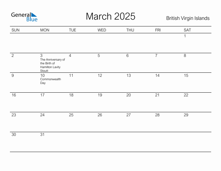 Printable March 2025 Calendar for British Virgin Islands
