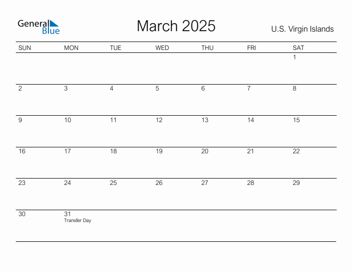 Printable March 2025 Calendar for U.S. Virgin Islands