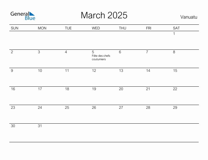 Printable March 2025 Calendar for Vanuatu